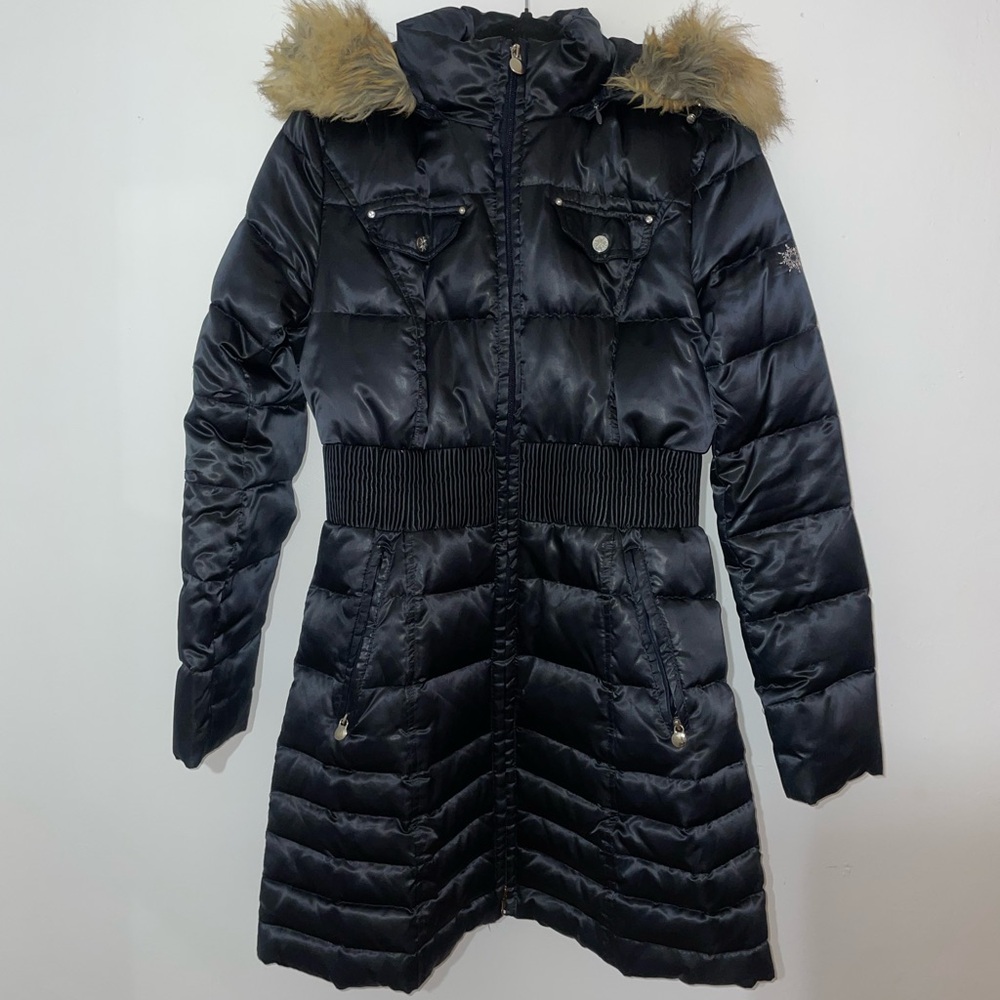 Women's Navy Blue Puffer Jacket with Faux Fur Hood